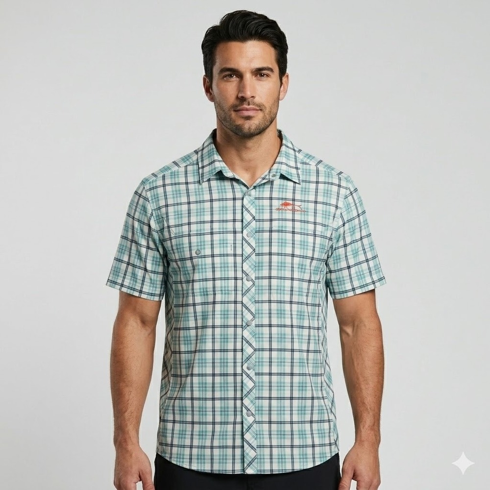 Grundens Short Sleeve Fishing Shirt Plaid Technical Button Up Size XL